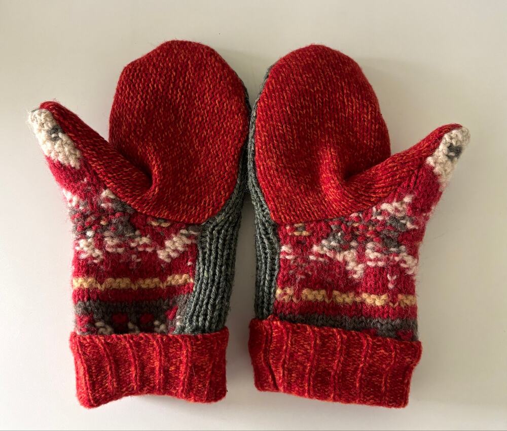 RALPH Ralph Lauren Knit Mittens Red Gray Faire Isle Nordic Fleece Lined M/L